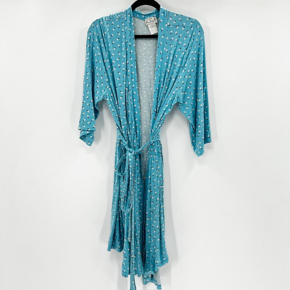 B Soft Women's Blue Floral 3/4 Sleeve Tie Waistβ Mini Sleep Robe Size L/XL